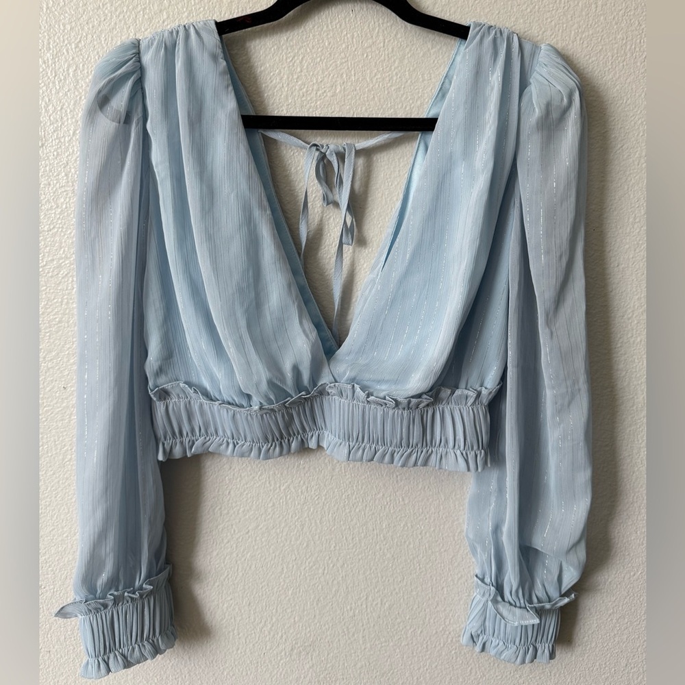 Milk & Honey Blue Chiffon Puff Sleeve Crop Top Cottagecore Size S NWOT - Picture 2 of 9